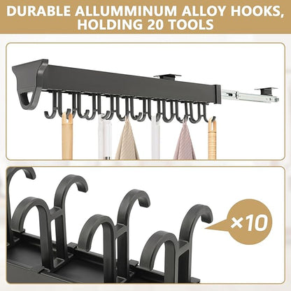 Pull-Out Mop and Broom Holder Slide Broom Closet Organizer Sliding Garage Storage Rack with 20 Adjustable Hooks, 22 in Wall Mount Sliding Organizer Rack for Closet, Kitchen, Laundry