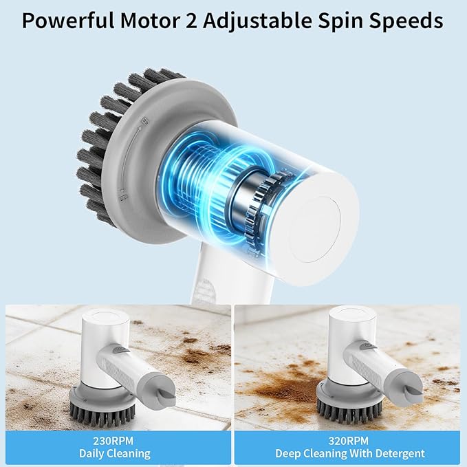 Electric Spin Scrubber, Cordless Electric Cleaning Brush, Waterproof Rotating Shower Brush, with 3 Replaceable Heads, Suitable for Bathroom, Kitchen, and Home Cleaning (White)