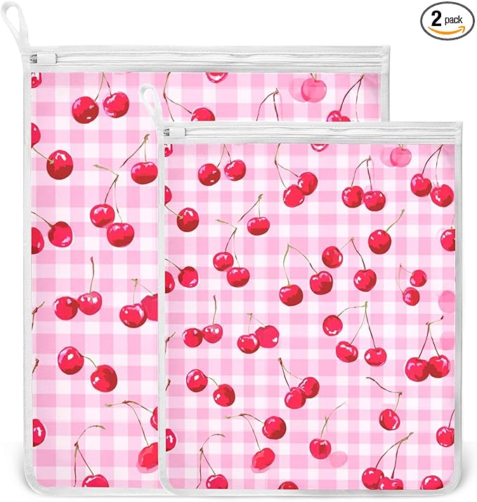Mesh Laundry Bags Lingerie Bags for Washing Delicates 2 PCS Durable Wash Bag with Zipper Small and Medium Washable Pink Juicy Checkered Cherry
