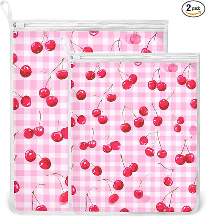Mesh Laundry Bags Lingerie Bags for Washing Delicates 2 PCS Durable Wash Bag with Zipper Small and Medium Washable Pink Juicy Checkered Cherry