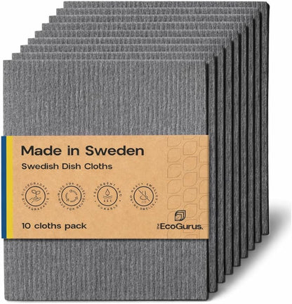 10 Pack Odour-Resistant Reusable Cleaning Cloths | Original Swedish Dishcloth | Made in Sweden | Suitable for All Surfaces | Biodegradable Cellulose Sponge | Kitchen & Bathroom | Gray