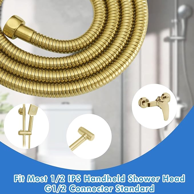 RUMOSE 79 inches Shower Hose Extra Long Stainless Steel Shower Tube Attachment Flexible Handheld Shower Sprayer Hose, Brushed Gold
