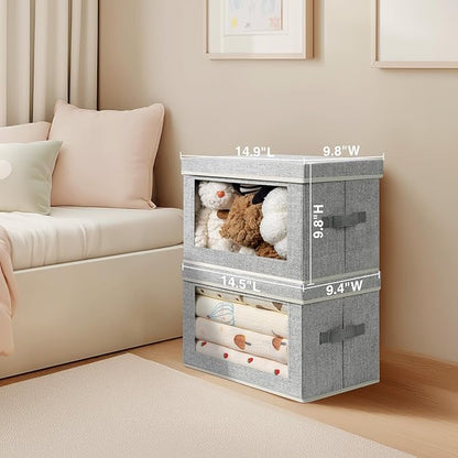 Foldable Storage Bin with Lid - Closet Storage Organizer with Window, Storage Bins with Lids for Clothes, Fabric Storage Baskets for Shelves, Bedroom, Dorm, Light Grey, 4 Pack