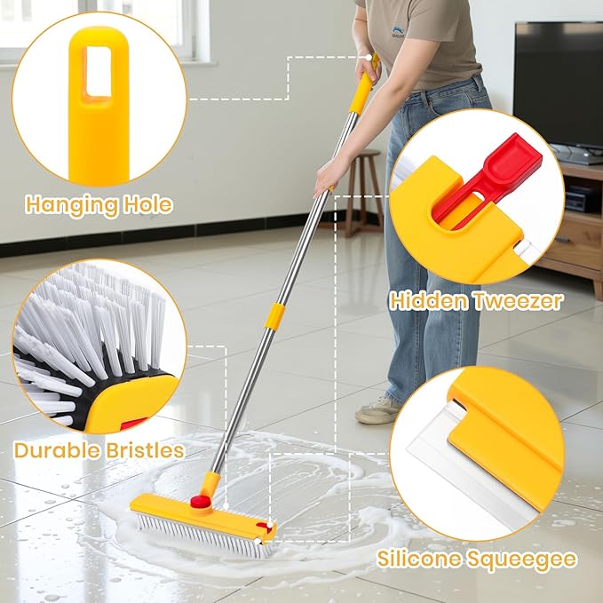 64in Floor Scrub Brush with Long Handle,3 in 1 Hard Bristle Cleaning Brush with Scraper and Tweezers for Household Cleaning, Bathroom, Swimming Pool, Garage, Windows, Walls, and Terrace Decks