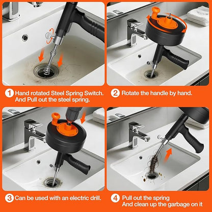 25FT Heavy Duty Drain Auger, Professional Plumbing Snake with Drill Adapter, Manual & Powered Clog Remover for Kitchen, Bathroom, Shower Sink & Bathtub, Flexible Pipe Snake Cleaner with Gloves
