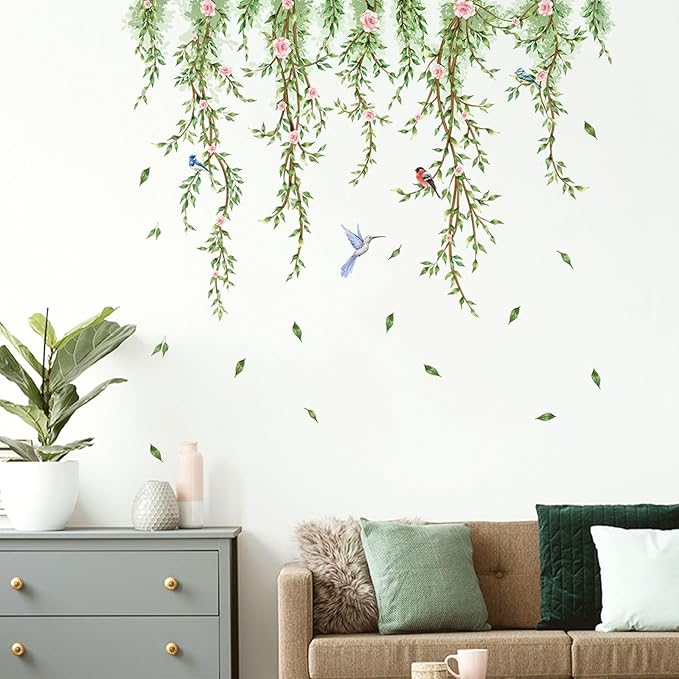 Hanging Vine Wall Decals with Birds Green Leaves Flowers Removable Peel and Stick Wall Stickers for Bedroom Living Room Nursery Bathroom Kitchen Home Decor DIY Forest Wall Art