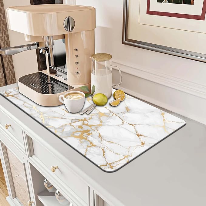 MCALK Marble White Coffee Mat for Kitchen Counter, Gold Dish Drying Pad with Anti-Slip Rubber Base, Absorbent Kitchen Sink Mat with Modern Art Decor, Marble White 12"x20"