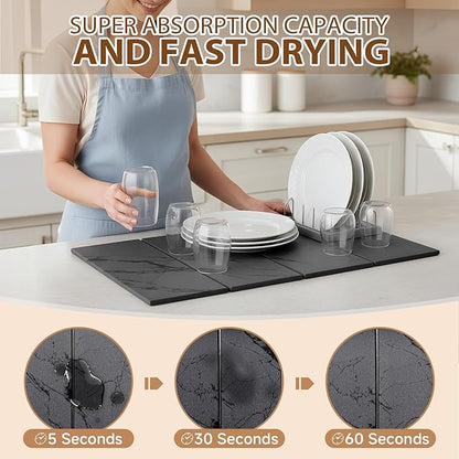Large Stone Dish Drying Mat for Kitchen Counter,24"(L)×16"(W),Quick Dry Super Absorbent Drying Matt Kitchen Counter,Collapsible Diatomaceous Earth Dish Mats,for Dishes Bottles Cups,Any Countertop