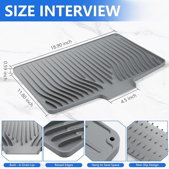 Silicone Dish Drying Mat for Kitchen Counter, Dish Drainer Mat, Non-Slip Drying Pad with Built-in Drain, Kitchen Drying Matt For Counter(18.9" x 11.8", Gray)