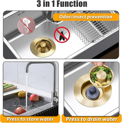 Anlige Kitchen Sink Drain Strainer, 3 in 1 Pop Up Kitchen Sink Stopper, with an Extra Basket Strainer, Universal for US Standard 3-1/2 Inch, Brushed Gold