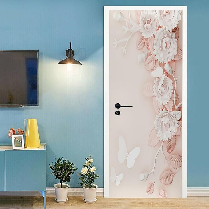 A.Monamour 3D Door Stickers for Interior Doors Pink White Flowers Floral Background Vinyl Waterproof Self Adhesive Door Mural Decals for Bedroom Office Bathroom 77x200cm