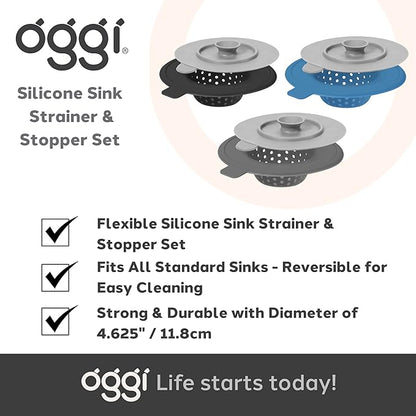 OGGI Silicone Sink Strainer & Stopper Set- Great Kitchen Sink Strainer, Silicone Drain Stopper, Sink Drain Strainer, Sink Plug 4.6˝ Diameter Rim, Gray