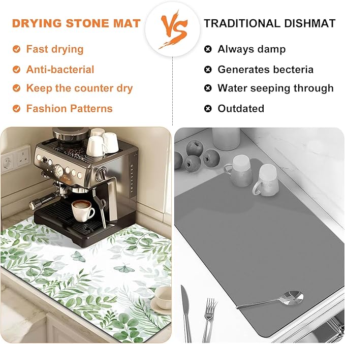 LOKHOM Dish Drying Mat for Kitchen Counter, 18"x24" Absorbent Mat with Green Plant & Butterfly Pattern, Drain Rack Mat for Counter Coffee Maker, Dining Room Decor