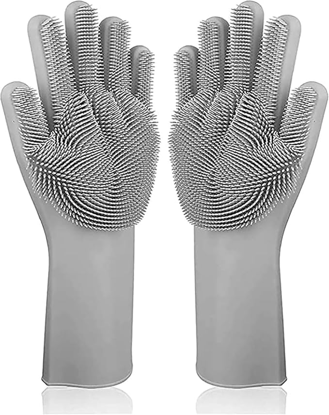 Magic Silicone Dishwashing Scrubber, 2 in 1 Reusable Rubber Gloves, Heat Resistant Kitchen Tool for Household, Dish Wash, 2 Count (Pack of 1), Gray