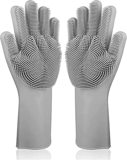Magic Silicone Dishwashing Scrubber, 2 in 1 Reusable Rubber Gloves, Heat Resistant Kitchen Tool for Household, Dish Wash, 2 Count (Pack of 1), Gray