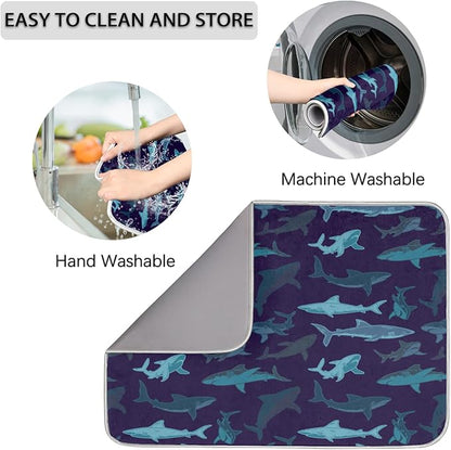 Honeybaby Dish Drying Mat Navy Ocean Shark Dish Drying Mats for Kitchen Counter Absorbent Kitchen Drying Mat Dish Rack Mat 18x24 inches
