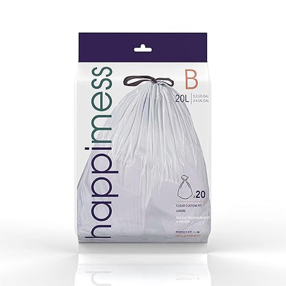 happimess 5.3 Gallon (20L) Drawstring Trash Bags, Unscented, Clear, Heavy Duty LDPE Liners for Kitchen and Household, Custom Fit, 80 Count (4 Packs of 20 Liners) HPM3000B-C-4SET