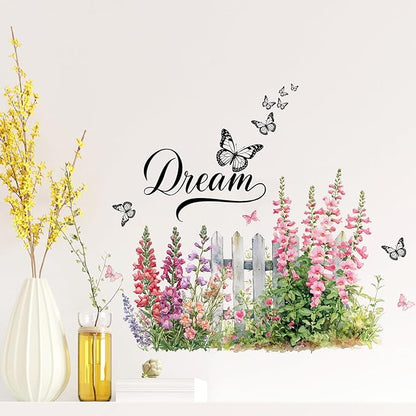 Romantic Bellflowers Fence Decals Floral Wall Decor, Campanula Fence Flowers Stickers Wall Art Murals, Flower Pattern Self-Adhesive Stickers for Girls Bedroom Bathroom Door Nursery Decor