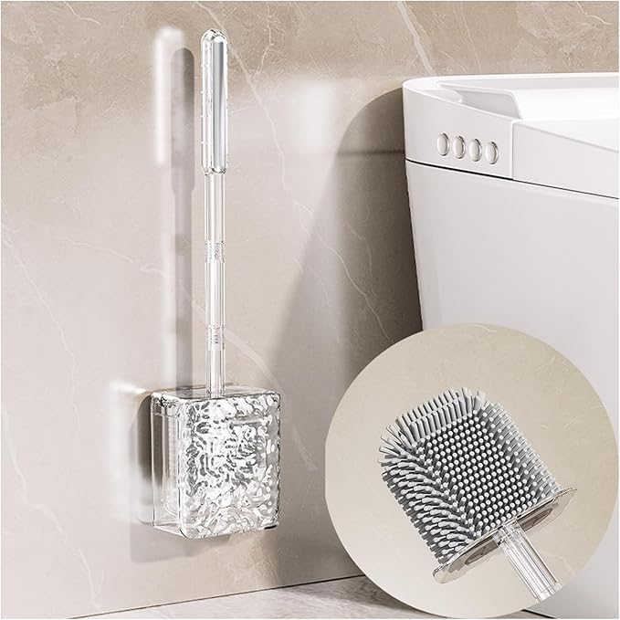 Silicone Toilet Brush with Holder Deep Cleaning Toilet Brush with Flexible Bristles Floor Standing & Wall Mounted Space Saving for Bathroom Modern Design Quick Drying Easy to Assemble Silver