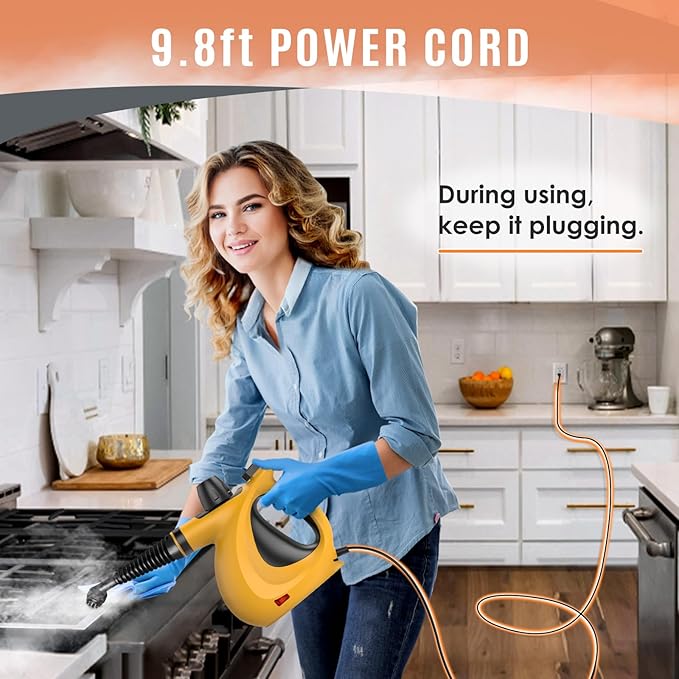Pressurized Handheld Multi-Surface Natural Steam Cleaner with 12 pcs Accessories, Multi-Purpose Steamer for Home Use, Steamer for Cleaning Floor, Upholstery, Grout and Car (Grey) (Orange)