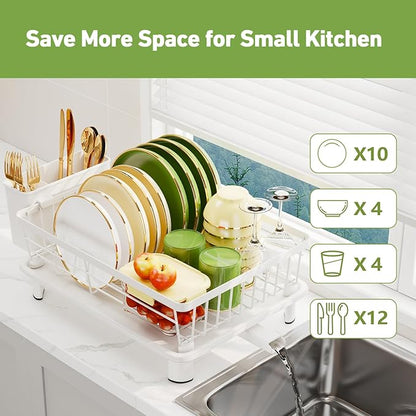 Dish Drainer Rack with Drip Tray, Sink Dish Drainer with Drainage Spout, Stainless Steel Dish Drying Rack with Cups, Utensil & Cutting Board Holders for Kitchen Counter Space-Saving, White