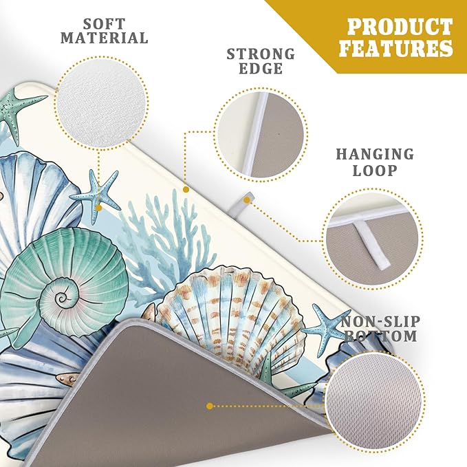 Sea Shell Starfish Summer Dish Drying Pad 18 x 24 Inch With Absorbent Reversible Microfiber Coastal Ocean Drying Mats Dish Drainer Mat Fast Dry For Kitchen Dining Room Decoration