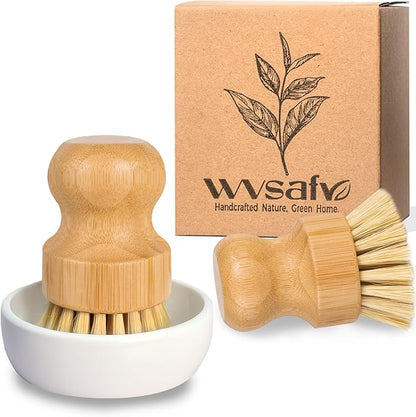 Bamboo Dish Brush, Eco Friendly Sisal Scrubber Brush with Ceramics Holder-Wooden Brush for Pot,Dish and Vegetables (Ceramic Dish+ 2P Sisal)