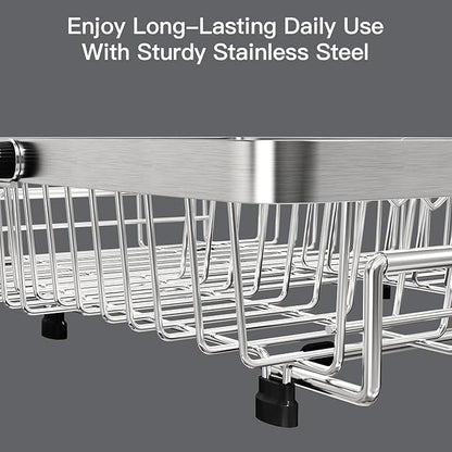 MAJALiS Expandable Stainless Steel Over The Sink Dish Drying Rack for Small Kitchen Counter Space Saving, Compact RV Plate Drainer Strainer in Silver Wire Metal with Hanging Adjustable Utensil Holder