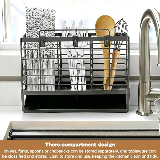 3-Compartment Dish Drying Rack for Kitchen, Carbon Steel Utensil Holder with Drain Tray, Utensil Caddy Organizer for Knives, Forks, Spoons, Chopsticks, Wall Mount or Countertop (Charcoal Grey)