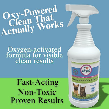 I Love My Pet Unscented Oxy Carpet Cleaner Spray, Professional Strength Stain Remover & Odor Eliminator for Dog & Cat Urine Accidents, 32 oz