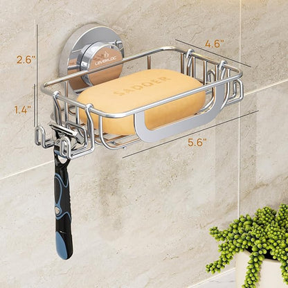 LEVERLOC Soap Holder Shower with Hooks, Bar Suction Cup Soap Dish Tray for Wall, Rust-Proof Stainless Steel Sponge Caddy for Bathroom Accessories Organizer Bathtub Kitchen Sink, Silver