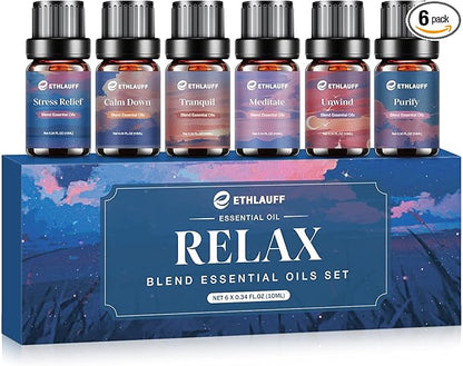 Relax Eessential Oils Set, Diffuser Oil for Home, Humidifiers, Candle Making, Aromatherapy - Stress Relief, Calm Down, Tranquil, Meditate, Unwind, Purify, 6x10ml