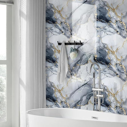 22pcs Marble Peel and Stick Waterproof Wall Panels,Heat-Resistant Backsplash Tile, 23.6"x11.8" PVC Foam Wall Sticker for Kitchen,Living Rooms,TV Walls,Blue and Gold(Not Real Tile 42.6Sq. Ft.)