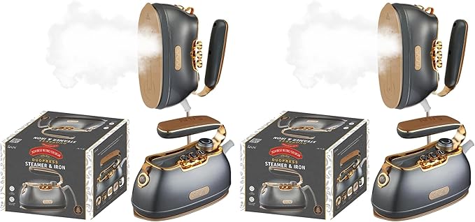 SALAV® Retro Edition Duopress Handheld Garment Steamer and Iron, Ceramic Plate, 1000 watts of Steam, Removes Wrinkles on Clothes, Vintage Style No Drip Steam, Titanium (Pack of 2)