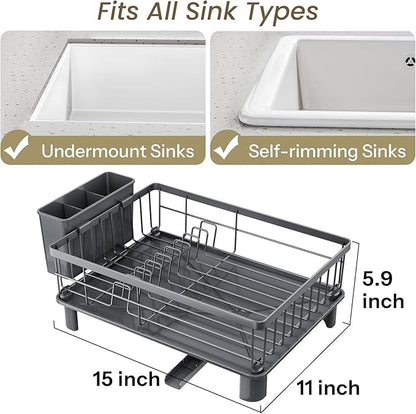 SNTD Dish Drying Rack - Small Dish Rack for Kitchen Counter, Stainless Steel Dish Drainer with Utensil Holder and Drainboard, 11" W x 15" L (Grey)