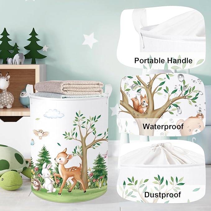 Forest Animals Laundry Hamper Woodland Tree Large Storage Basket Parents Organizer Kids Clothes Toy Bins for Bedroom, Bathroom, Bear, 63L