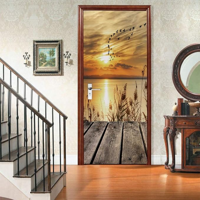3D Door Stickers Murals - PIER Peel & Stick Waterproof Washable Matt Finish Modern Style Brown Wall 33.9" x 78.7"