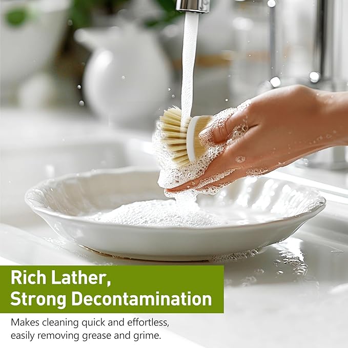 Kitchen Dish Brush, Natural Bamboo Dishwashing Scrubber for Cleaning Dishes, Pots, and Pans with Hanging Rope