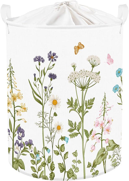 Colourful Flowers Laundry Hamper Large Storage Basket Floral Collapsible Adult Organizer Kids Clothes Toys Bins for Bedroom, Bathroom, Butterfly, 63L