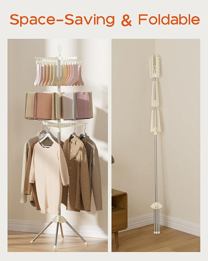 Clothes Drying Rack Foldable, 79.5 inch 3 Tier Laundry Drying Rack with Rotating Clothes Rail for 27 Pieces of Clothes and 24 Clips for Hanging Socks,Space Saving, White and Silver CDR003W01