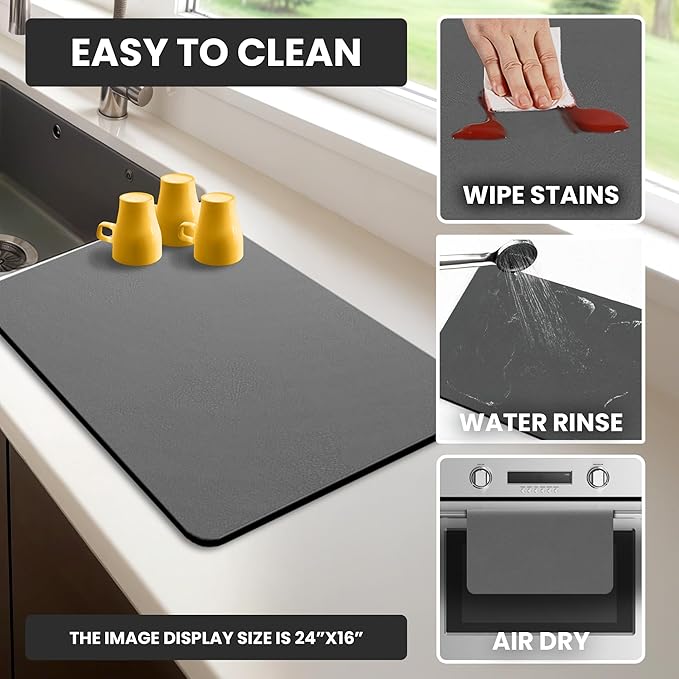 Dish Drying Mat Super Absorbent – 17" x 31" Coffee Mat for Countertops – Non-Slip Drying Mat for Kitchen Counter – Easy to Clean Water Absorbent Mat – XLarge Dish Drying Mats (Dark Gray)