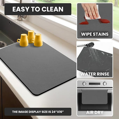 Dish Drying Mat Super Absorbent – 17" x 31" Coffee Mat for Countertops – Non-Slip Drying Mat for Kitchen Counter – Easy to Clean Water Absorbent Mat – XLarge Dish Drying Mats (Dark Gray)