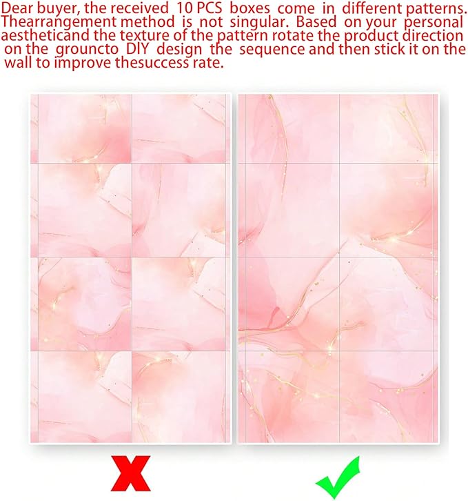 Chejiaye 10pcs Marble Peel and Stick Backsplash Waterproof Washroom Wall Panels, Peel and Stick Tile, PVC Foam Wall Panels for Kitchen,Bathroom,Living Room,Pink Wallpaper(Not Real Tile,11.8" x 11.8")