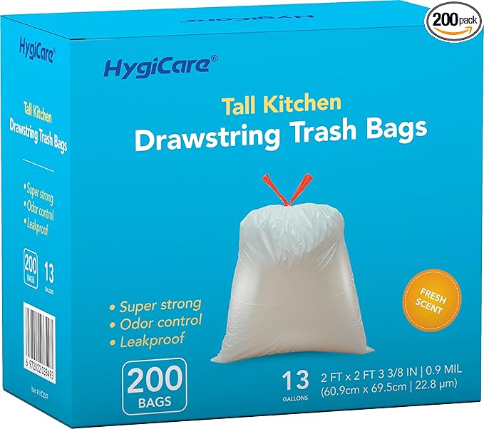 HygiCare 13 Gallon Tall Kitchen Trash Bags, Fresh Scent 200 Count Drawstring Garbage Bags, Pre-Separated, Odor Control, Ultra Strong, Leakproof, Sturdy, White