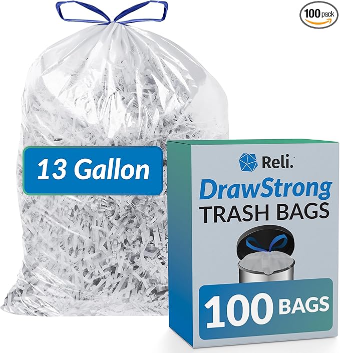 Reli. 13 Gallon Trash Bags Drawstring (100 Count) | Tall Kitchen Garbage Bags, Unscented | Ideal for Kitchen, Home | Clear Recycling Can Liners w/Drawstring