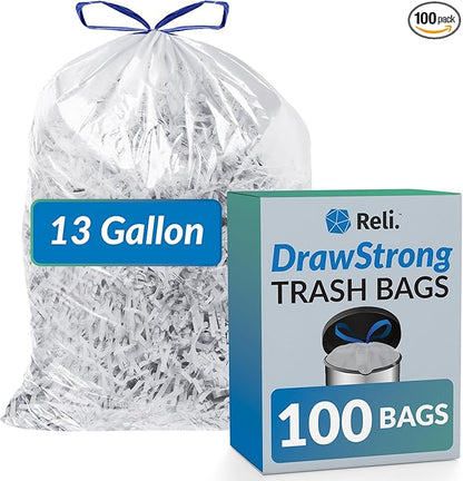 Reli. 13 Gallon Trash Bags Drawstring (100 Count) | Tall Kitchen Garbage Bags, Unscented | Ideal for Kitchen, Home | Clear Recycling Can Liners w/Drawstring