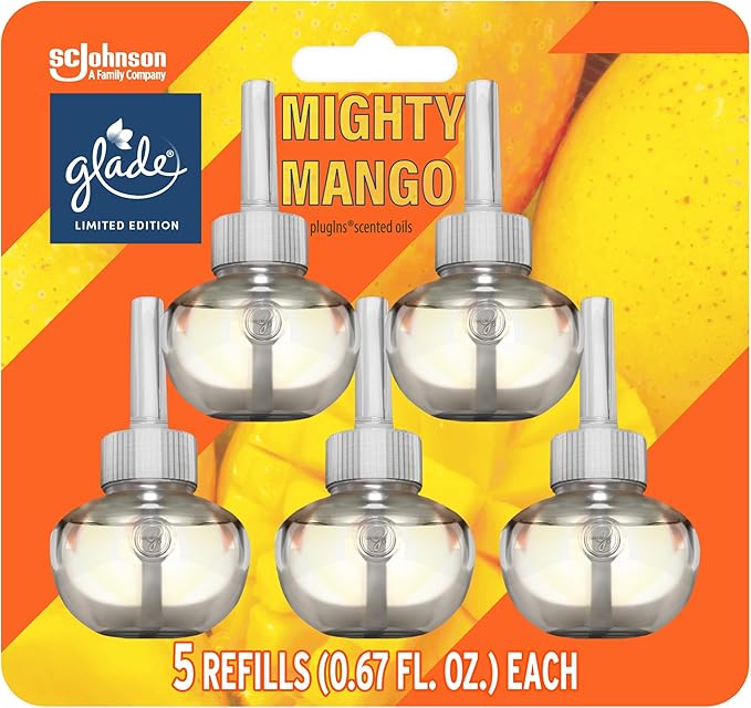 Glade PlugIns Refills Air Freshener, Mighty Mango, Scented and Essential Oils for Home and Bathroom, 0.67 Fl Oz, 5 Count
