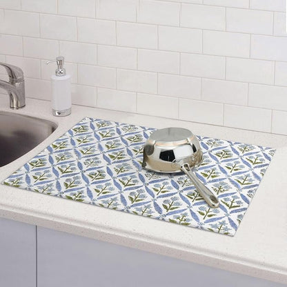 Boho Dish Drying Mat 18x24 Inches For Kitchen Counter Block Print Blue Floral Kitchen Decoration Drying Mat Modern Decorative Flower Drying Pad Mat for Home Kitchen Decor,Dining Room,Office