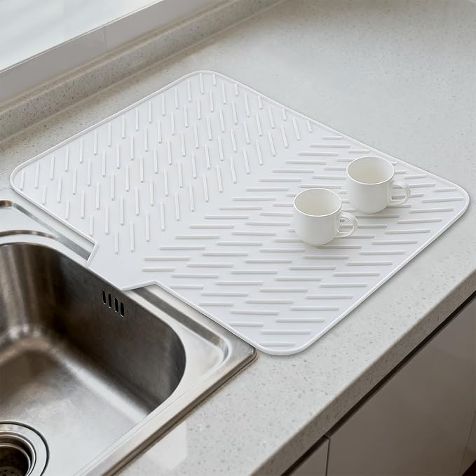 Silicone Drying Mat, 23"X17" With Built-in Drain Lip,Heat-Resistant,Eco-friendly,Hygienic Drying Pad,Leak-Proof and Non-Slip,Silicone Dish Drying Mat for Kitchen Counter or Sink（White 23X17）