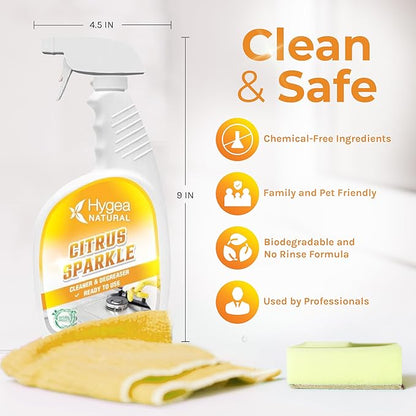 Hygea Natural Citrus Sparkle Chemical-Free Heavy Duty Degreaser & All Purpose Cleaner - Pure Citrus Extracts & Natural D-limonene - Removes Grease, Dirt & Grime (24oz Spray)